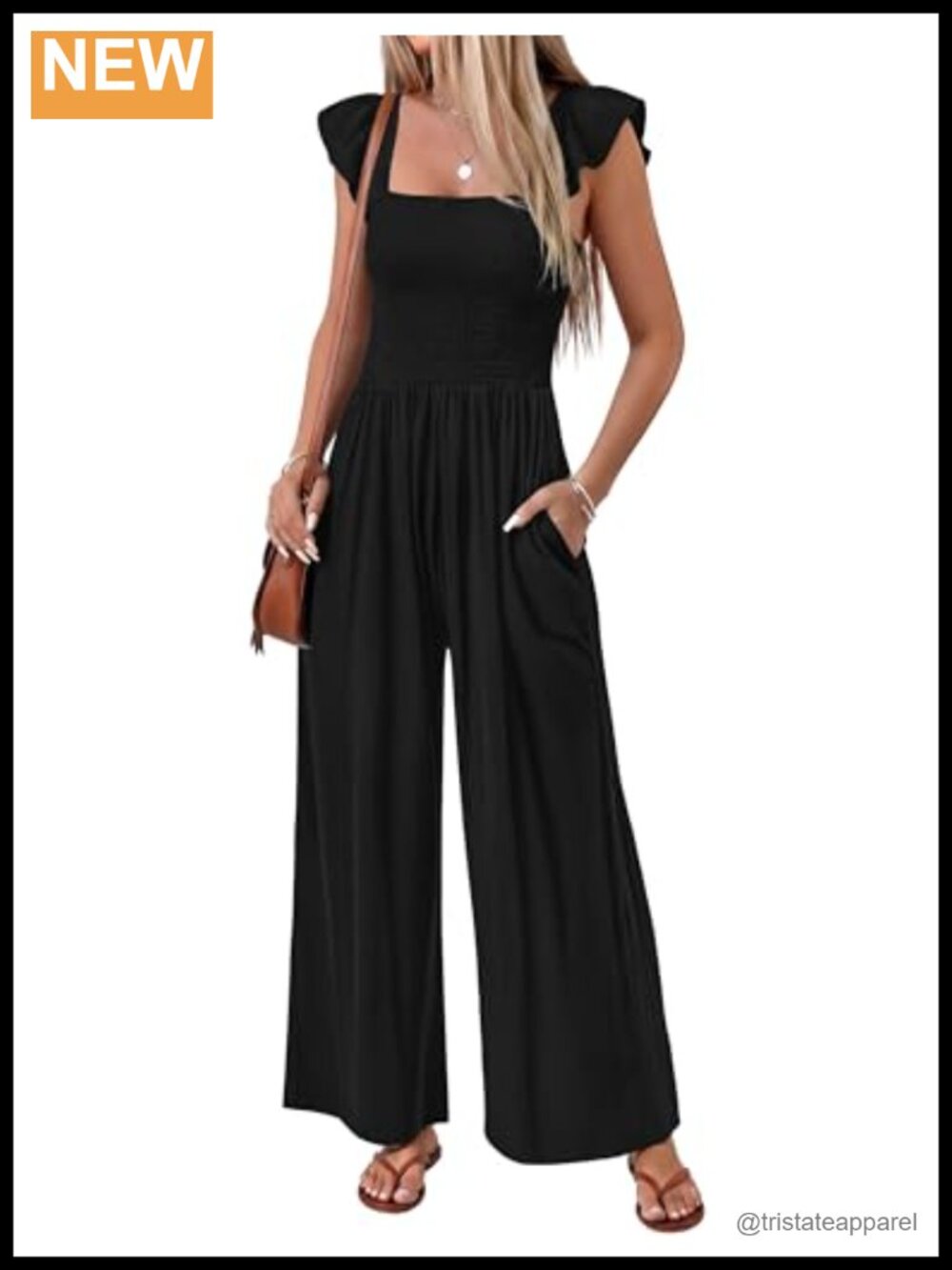 Ekouaer Women's Smocked Boho Jumpsuit Ruffle Sleeve Wide Leg Casual Vacation
